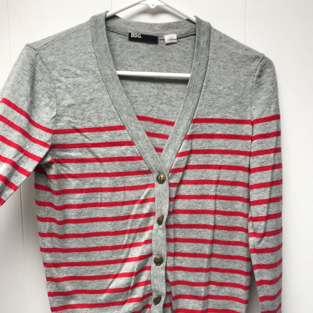 Red and grey striped button down cardigan